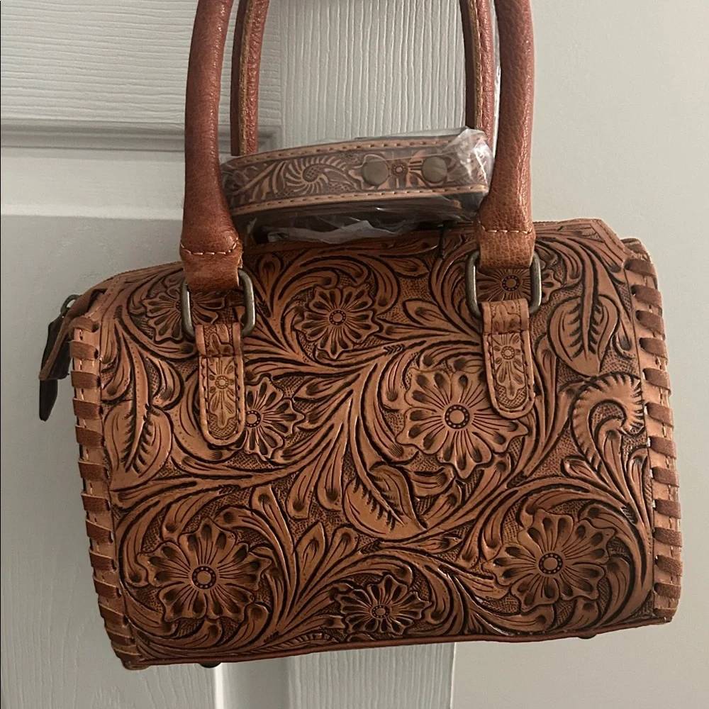 Hand-Tooled Leather Satchel with Turquoise Thunderbird Accent - Brown